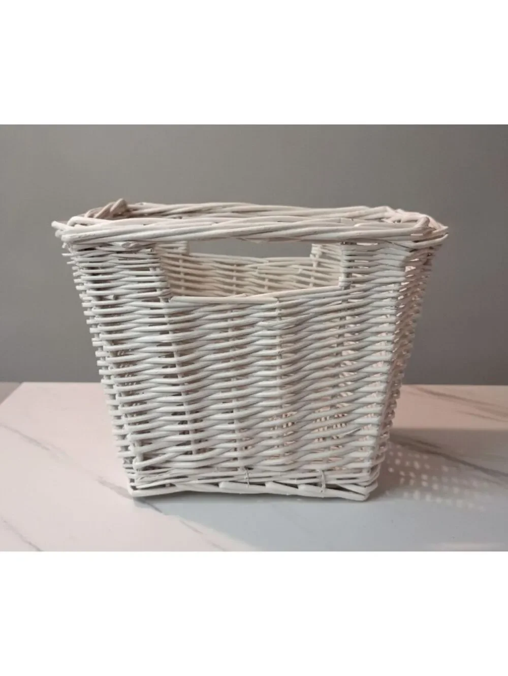Vintage White Woven Wicker Kitchen/Office Storage Basket w Handles 5